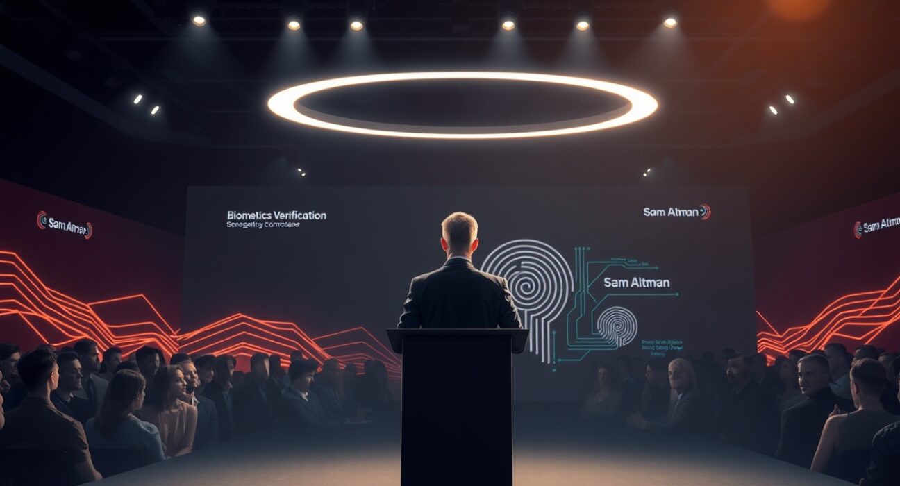 Sam Altman at the Worldcoin World ID launch event for digital identity verification.