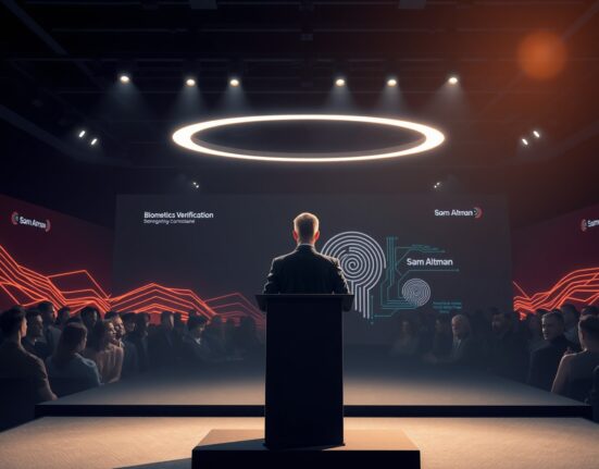 Sam Altman at the Worldcoin World ID launch event for digital identity verification.