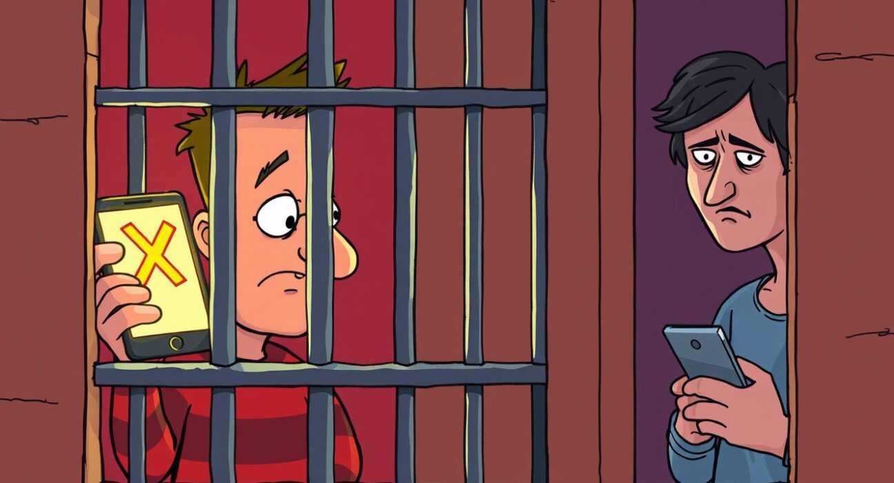 A cartoon illustration showing the controversy around Sam Bankman-Fried X account posts, with a friend typing on behalf of the jailed founder.