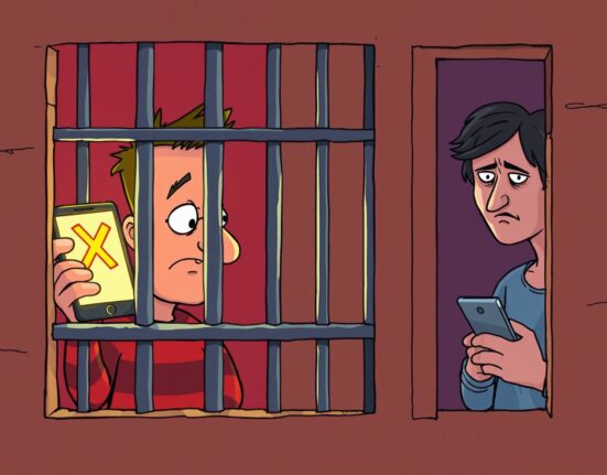 A cartoon illustration showing the controversy around Sam Bankman-Fried X account posts, with a friend typing on behalf of the jailed founder.