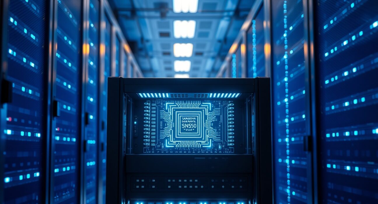 SambaNova SN50 AI chip server rack in a modern data center with blue LED lighting.