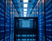 SambaNova SN50 AI chip server rack in a modern data center with blue LED lighting.