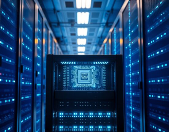 SambaNova SN50 AI chip server rack in a modern data center with blue LED lighting.