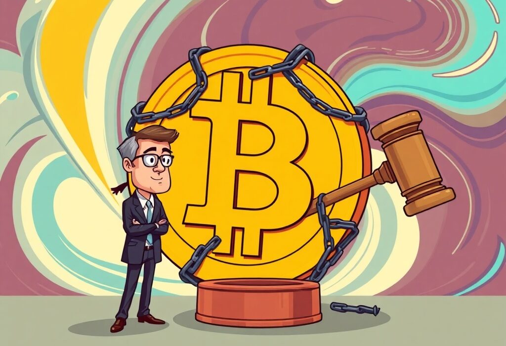 Cartoon showing legal consequences for Samourai Wallet co-founders' guilty plea, symbolizing the crackdown on unlicensed crypto services.