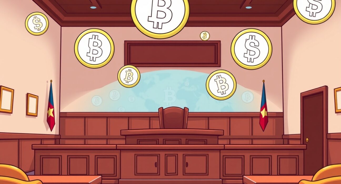 Samourai Wallet legal case courtroom scene with cryptocurrency symbols