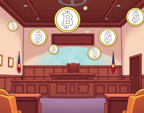 Samourai Wallet legal case courtroom scene with cryptocurrency symbols