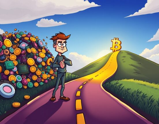 Samson Mow's decisive all-in Bitcoin investment strategy visualized as a bold path choice.