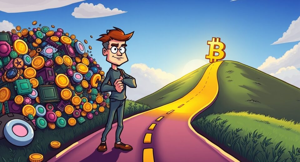 Samson Mow's decisive all-in Bitcoin investment strategy visualized as a bold path choice.