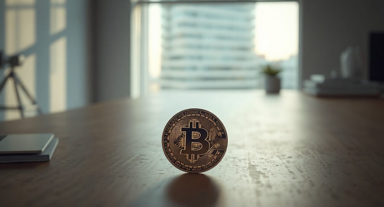 Bitcoin coin on a neutral surface in soft natural light, symbolizing stable fundamentals.
