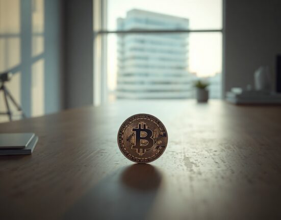 Bitcoin coin on a neutral surface in soft natural light, symbolizing stable fundamentals.