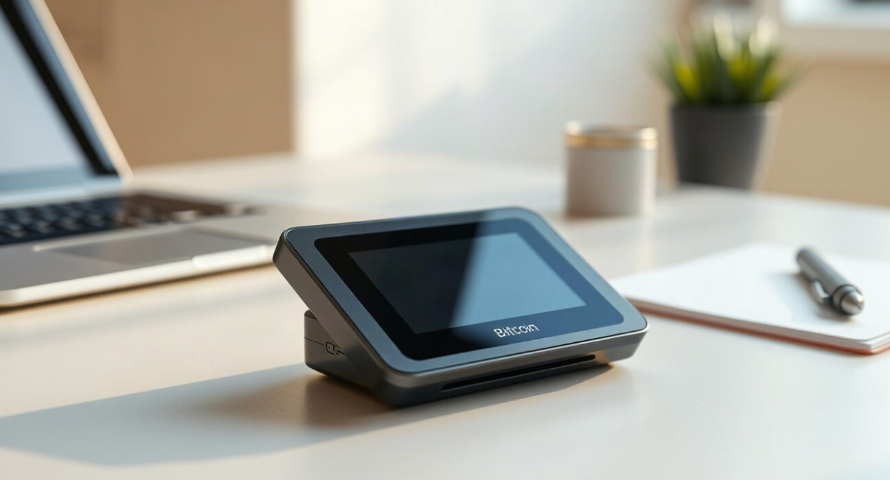 A Bitcoin signing device on a desk, illustrating the concept of secure transaction signing.