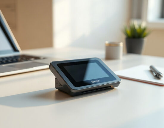 A Bitcoin signing device on a desk, illustrating the concept of secure transaction signing.