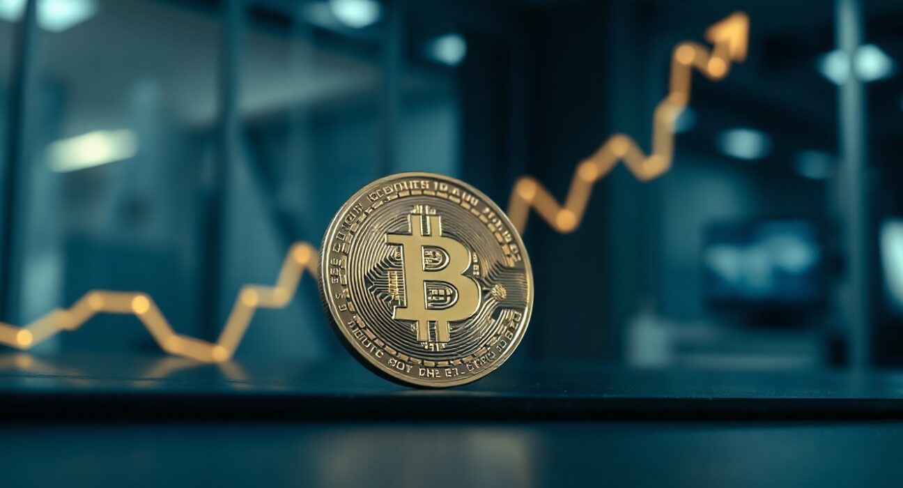 Bitcoin coin with a subtle price chart in the background, symbolizing Samson Mow's OMEGA60 price projection.