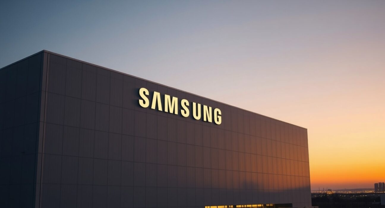 Samsung semiconductor facility exterior at dusk, representing the company's $1 trillion valuation milestone driven by AI chip demand.