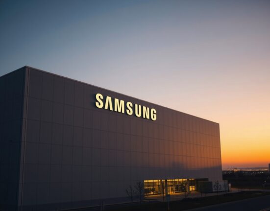 Samsung semiconductor facility exterior at dusk, representing the company's $1 trillion valuation milestone driven by AI chip demand.