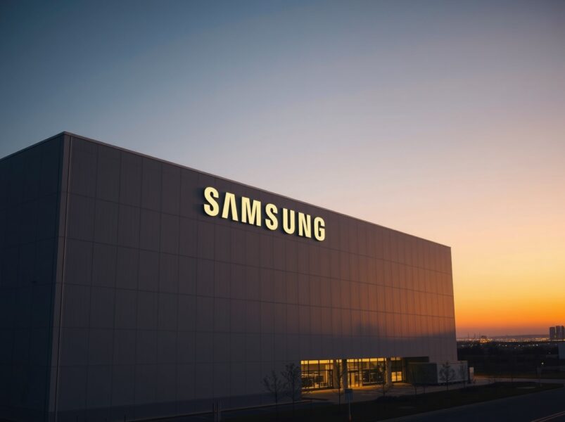 Samsung semiconductor facility exterior at dusk, representing the company's $1 trillion valuation milestone driven by AI chip demand.