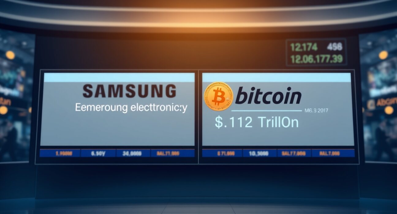 Digital display board showing Samsung Electronics and Bitcoin market cap rankings in a financial district setting
