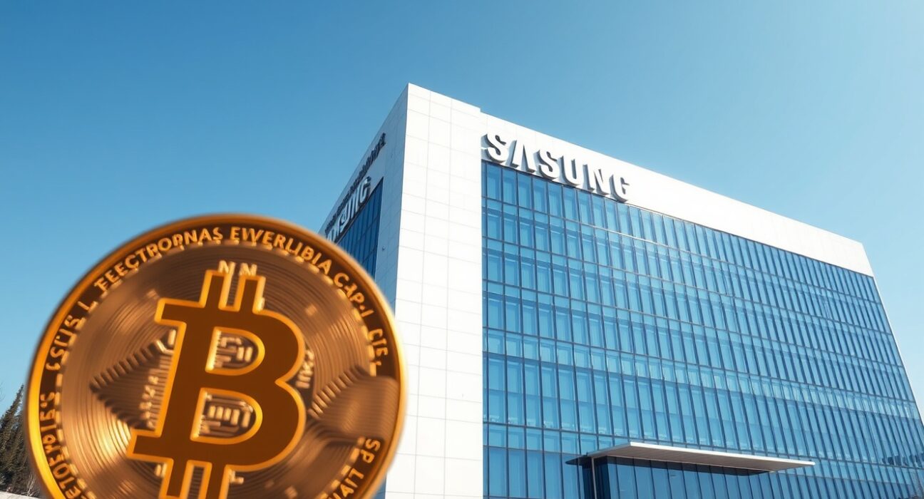 Samsung Electronics headquarters with a holographic Bitcoin symbol in the foreground, representing market cap comparison.