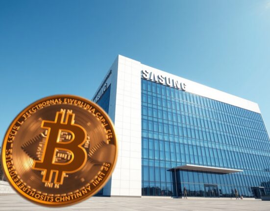 Samsung Electronics headquarters with a holographic Bitcoin symbol in the foreground, representing market cap comparison.