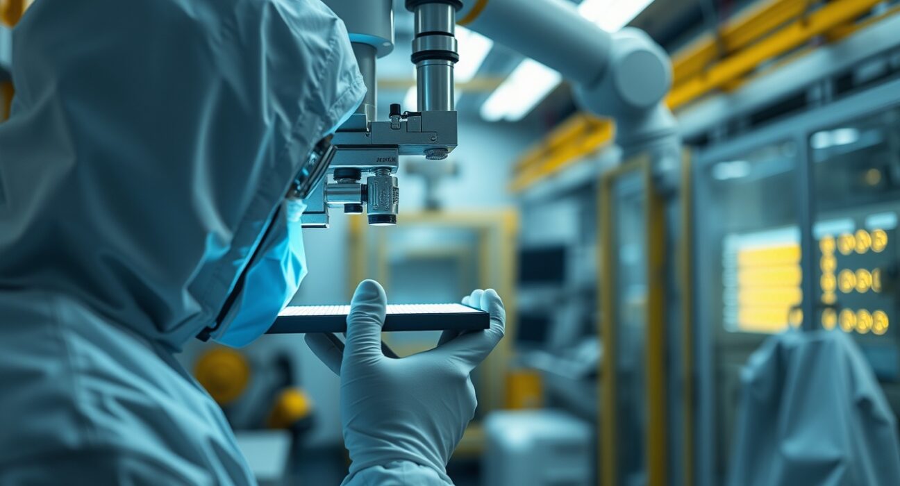 Technician inspecting a silicon wafer in a semiconductor cleanroom at a Samsung chip facility.