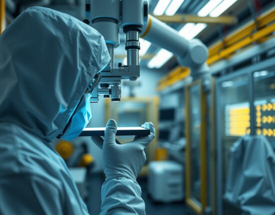 Technician inspecting a silicon wafer in a semiconductor cleanroom at a Samsung chip facility.