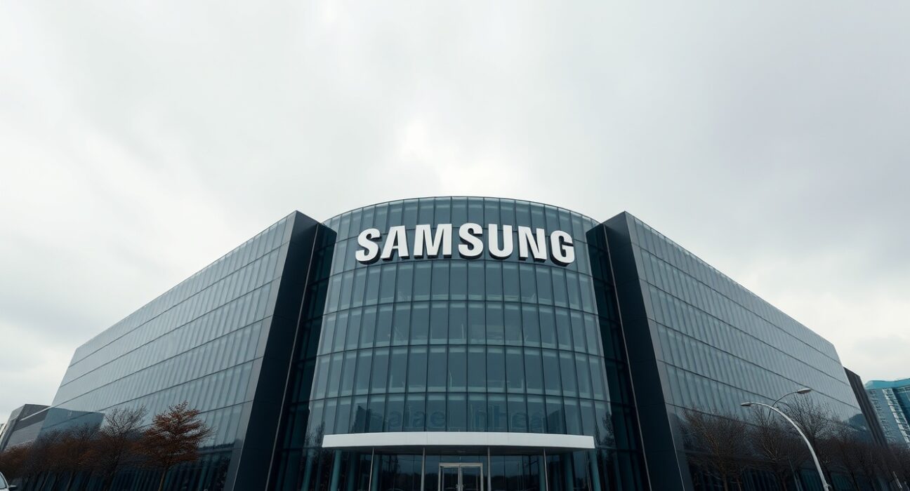 Samsung Electronics headquarters under overcast sky, reflecting market valuation concerns