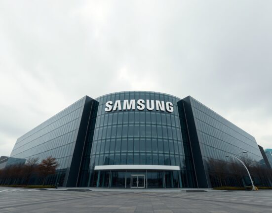 Samsung Electronics headquarters under overcast sky, reflecting market valuation concerns