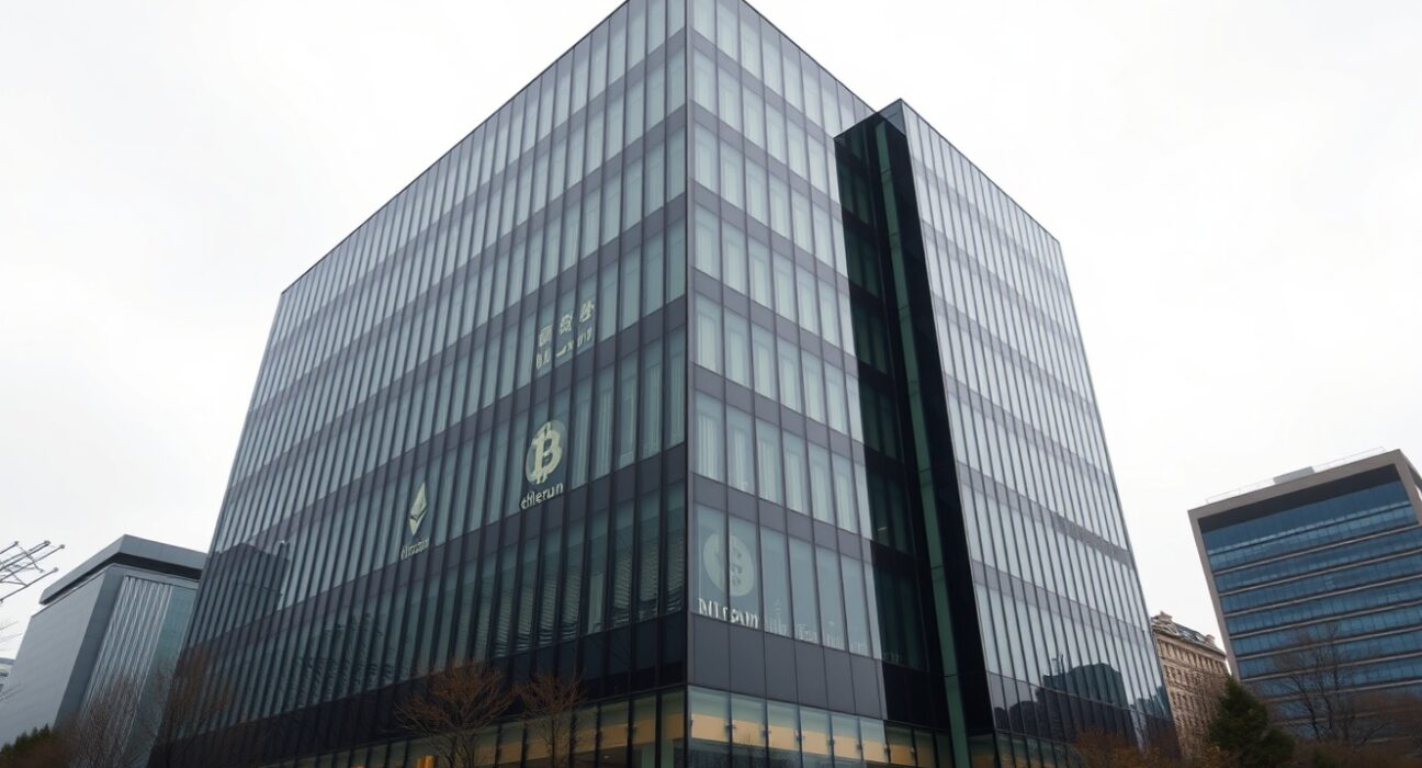 Modern corporate building in Seoul reflecting digital cryptocurrency symbols, representing Samsung Securities investment in Dunamu.