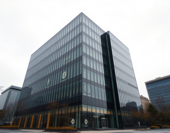 Modern corporate building in Seoul reflecting digital cryptocurrency symbols, representing Samsung Securities investment in Dunamu.