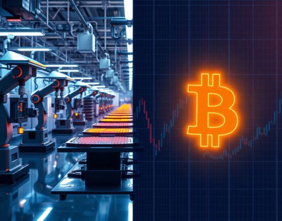 Split image of semiconductor factory interior and glowing Bitcoin symbol representing market cap competition.