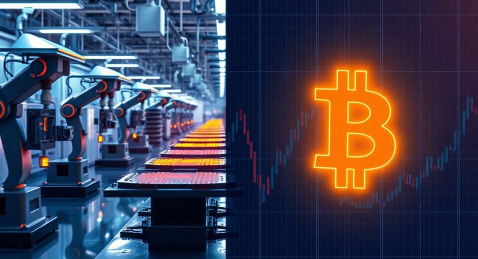 Split image of semiconductor factory interior and glowing Bitcoin symbol representing market cap competition.