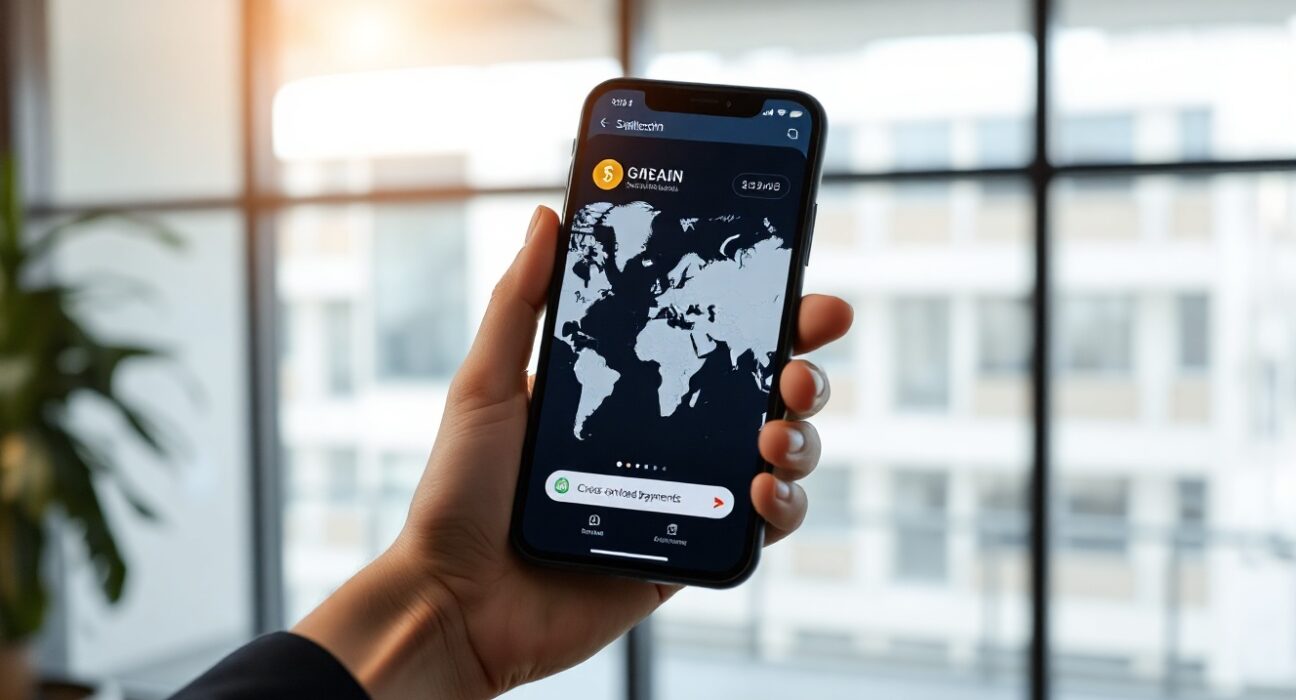 Samsung smartphone displaying a digital wallet with stablecoin payment symbols