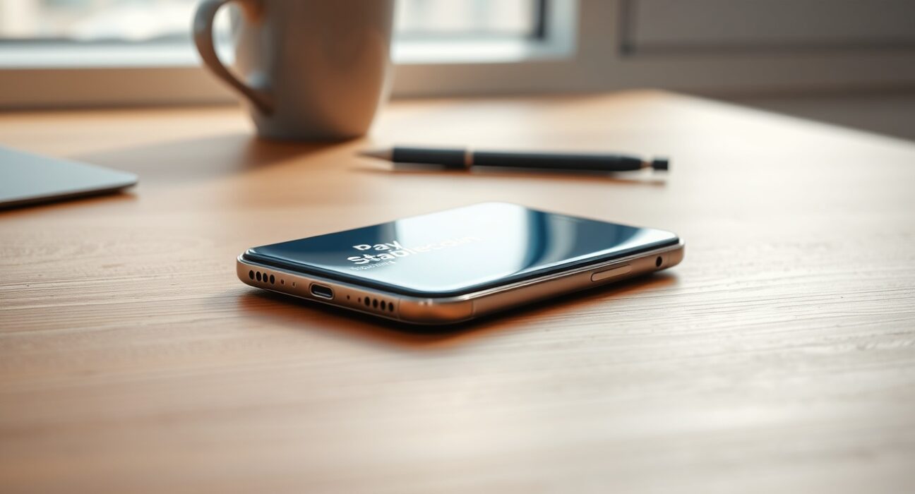 Samsung smartphone displaying Samsung Wallet with stablecoin payment option on a desk