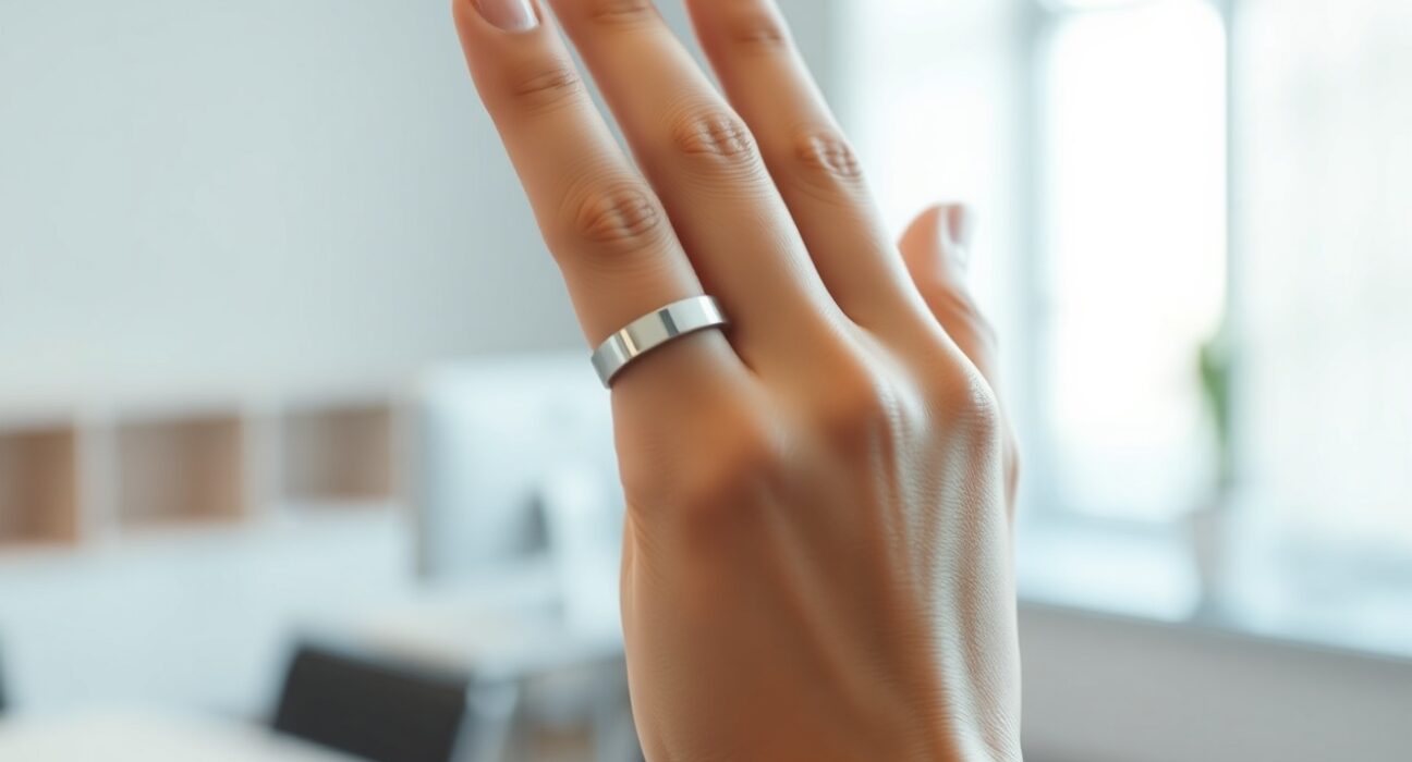 Sandbar's Stream AI note-taking smart ring worn on a hand in a professional setting.