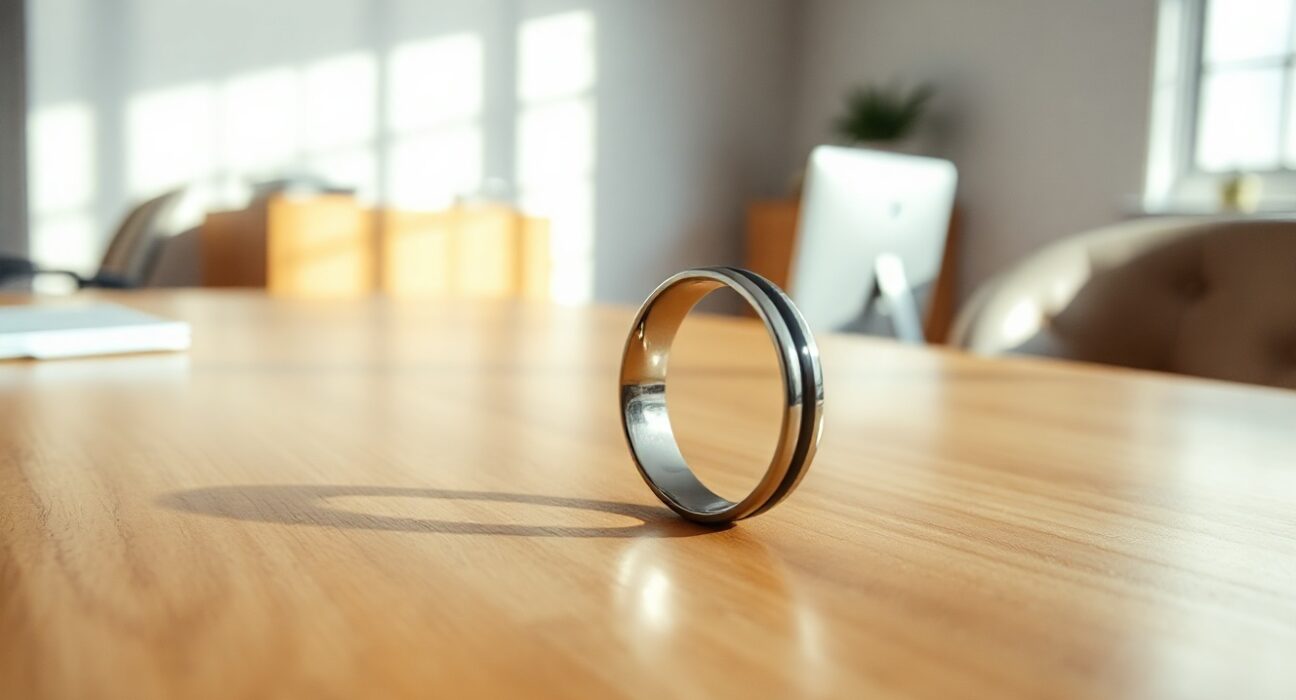 Close-up of the Sandbar Stream voice ring on a desk, symbolizing the future of wearable AI.