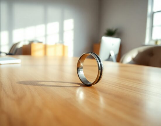 Close-up of the Sandbar Stream voice ring on a desk, symbolizing the future of wearable AI.
