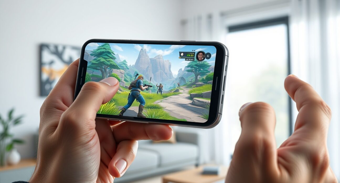 The Sandbox NEXT mobile game stress test showing high-end Unreal Engine graphics on a smartphone.