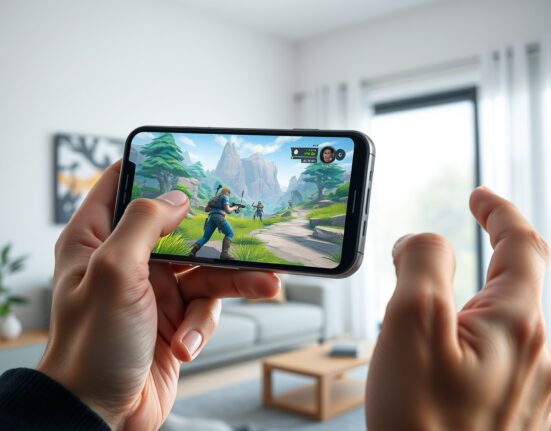 The Sandbox NEXT mobile game stress test showing high-end Unreal Engine graphics on a smartphone.