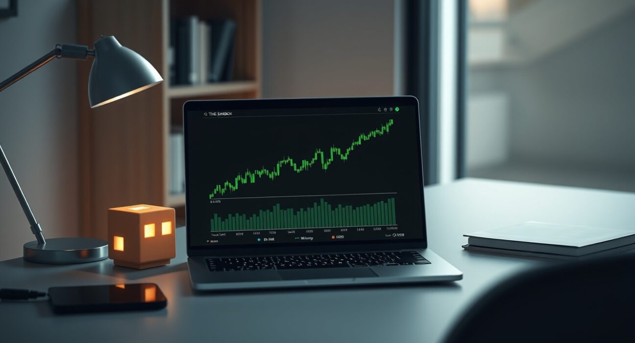 SAND token price chart on laptop with a pixel-art cube on a desk