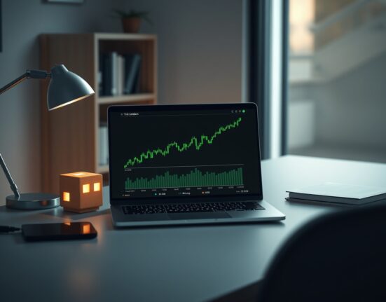 SAND token price chart on laptop with a pixel-art cube on a desk
