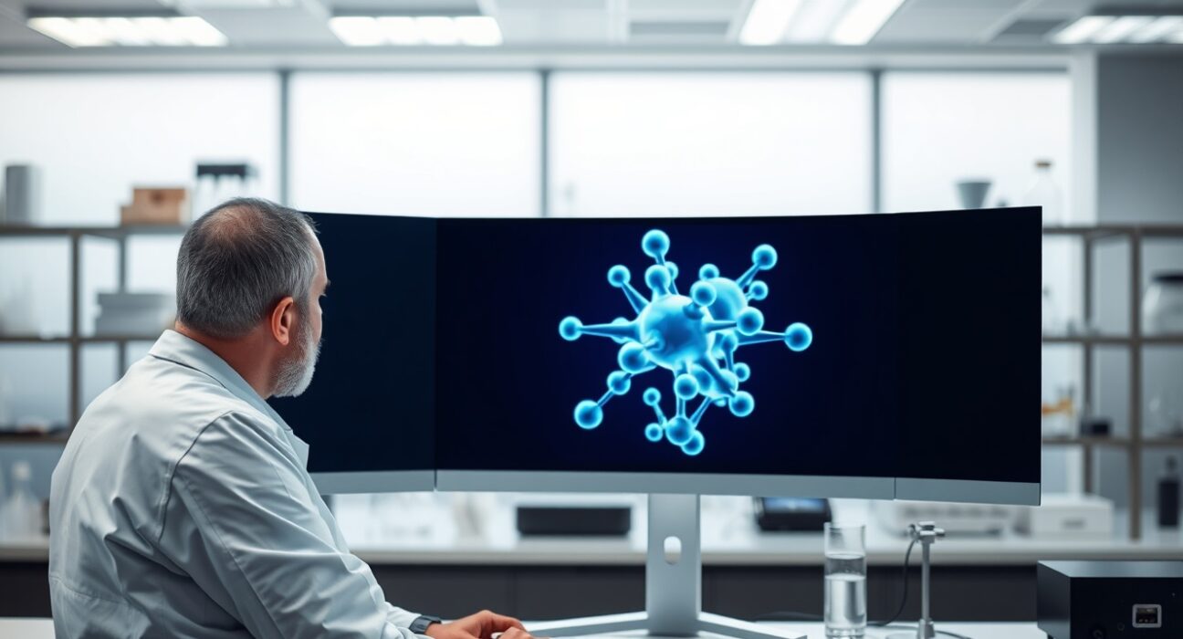 Researcher viewing molecular simulation on computer screen in a laboratory setting