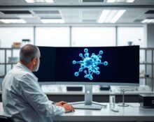 Researcher viewing molecular simulation on computer screen in a laboratory setting