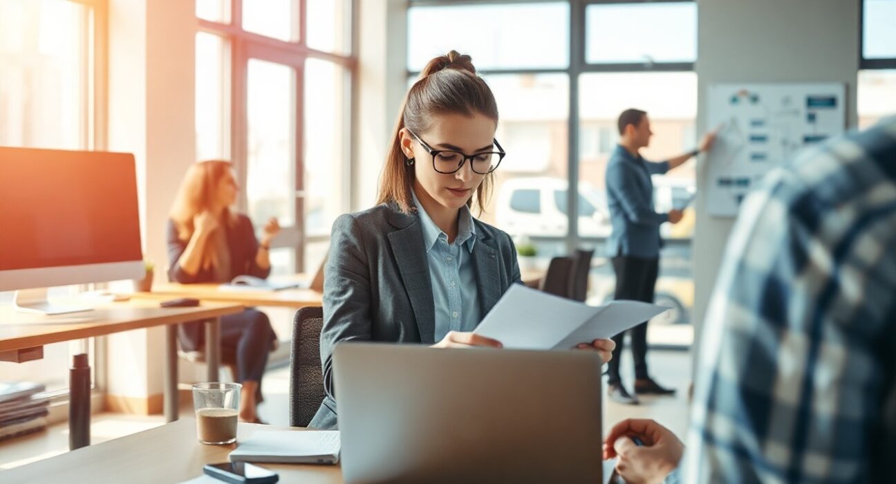 In-house legal team working collaboratively in a modern office with laptops and documents, representing AI-powered legal workflow automation.