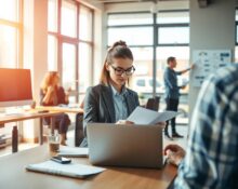 In-house legal team working collaboratively in a modern office with laptops and documents, representing AI-powered legal workflow automation.