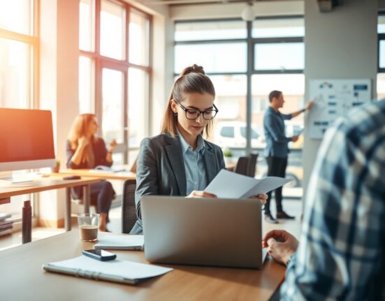 In-house legal team working collaboratively in a modern office with laptops and documents, representing AI-powered legal workflow automation.