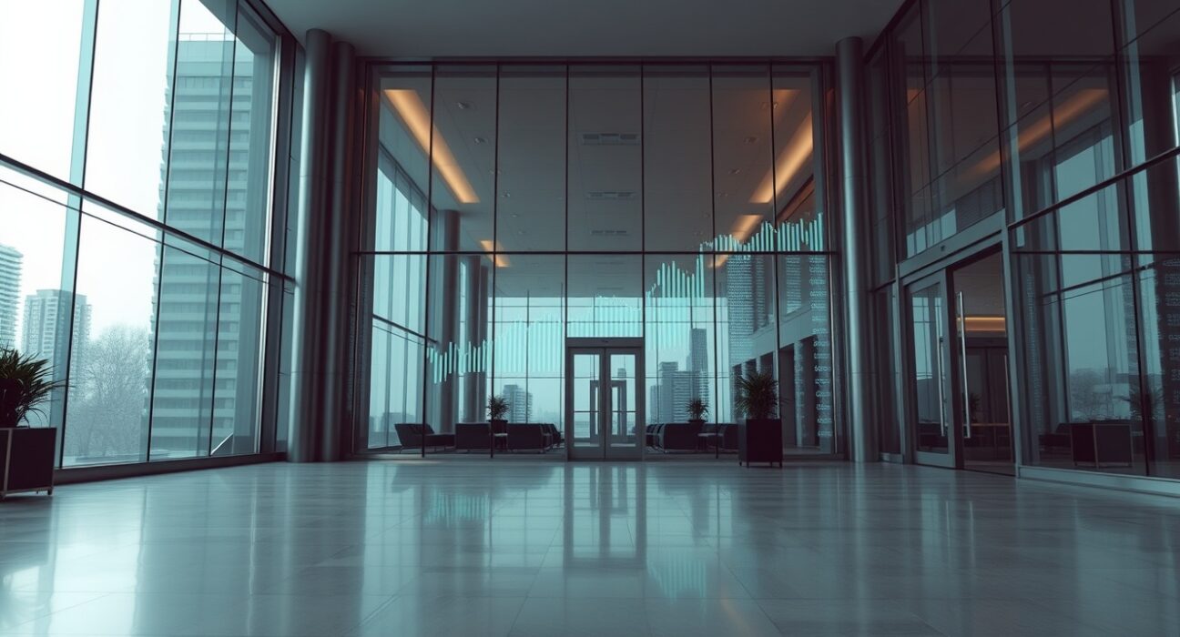 Modern corporate office building lobby representing Santander's investment arm Mouro Capital