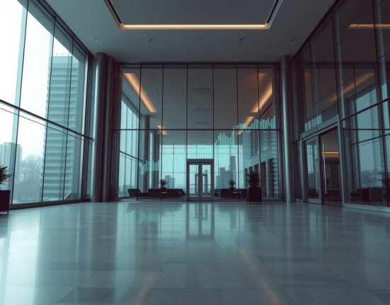 Modern corporate office building lobby representing Santander's investment arm Mouro Capital