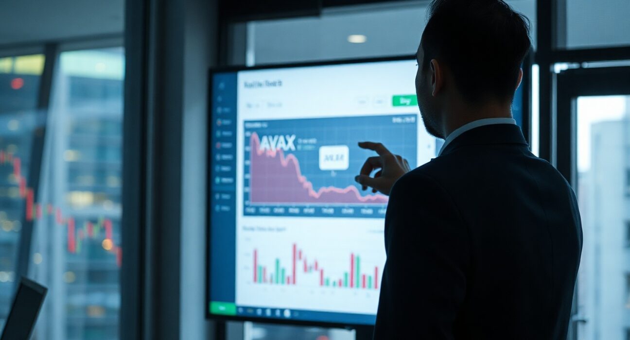 Analyst reviewing social media sentiment data for Avalanche (AVAX) on a monitor in a dimly lit office