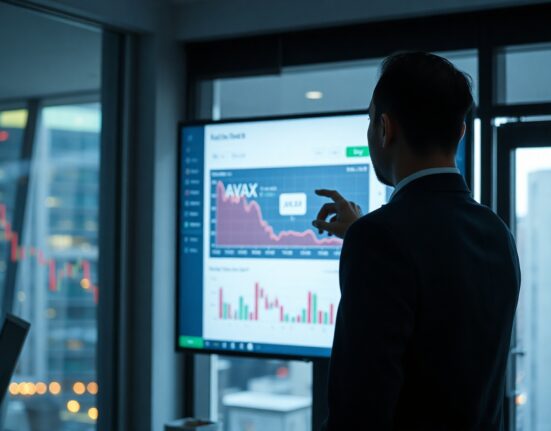 Analyst reviewing social media sentiment data for Avalanche (AVAX) on a monitor in a dimly lit office