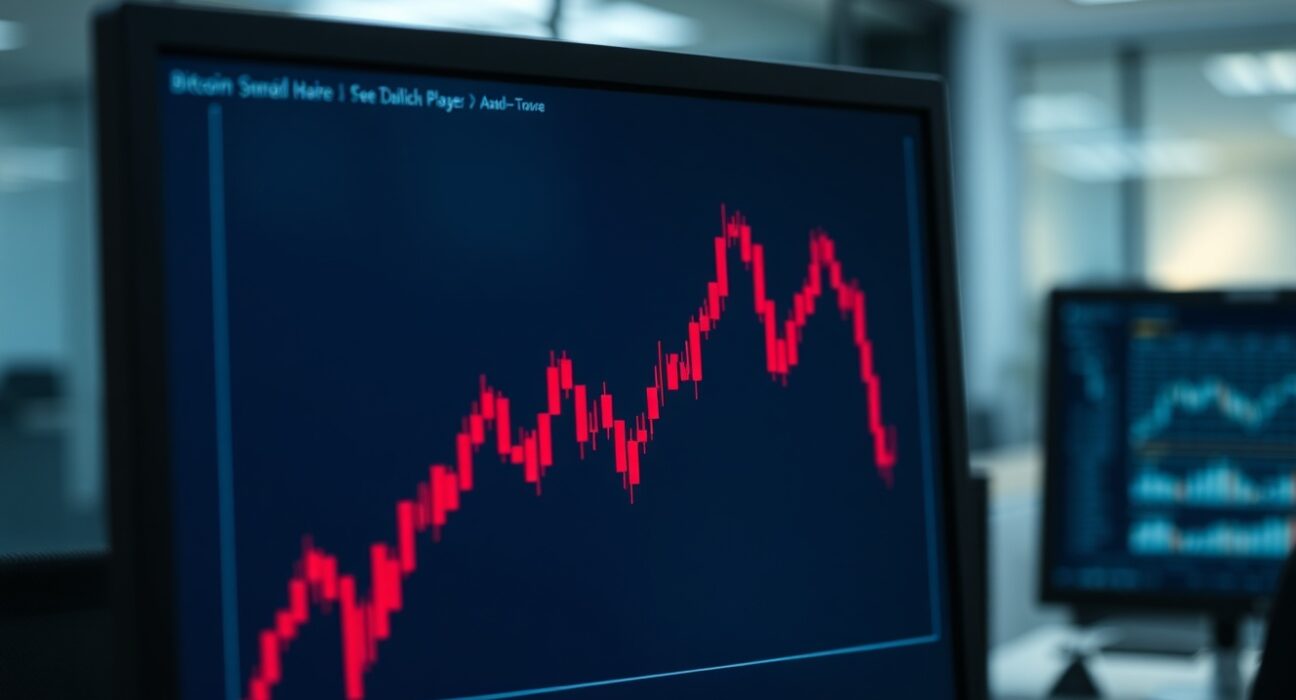Bitcoin price chart showing a sharp decline on a trading terminal screen in a dimly lit office